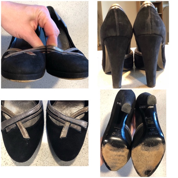 Prada Black Suede DECO Leather Trim Heels 37.5 7 - Picture 7 of 8